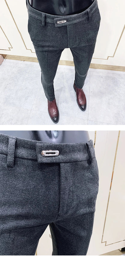2025 Winter Men Suit Pants Woolen Thicken Keep Warm Formal Trousers Pantalones Hombre Solid Casual Slim Fit Pants Men Clothing