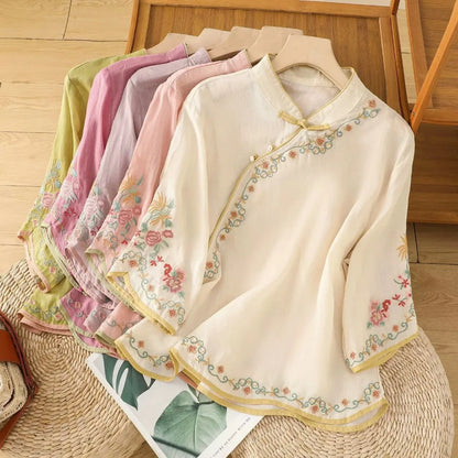 Casual Loose Blouse Shirt Women Clothes Summer Cotton Linen Ladies Tops Tee Blusas Vintage Embroidery Woman Shirt Camiseta Mujer