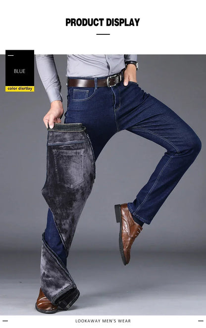 New Men's Fleece Warm Jeans Winter Thicken Plush Velvet Business Office Denim Trousers Brand Clothing Stretch Casual Male Pants