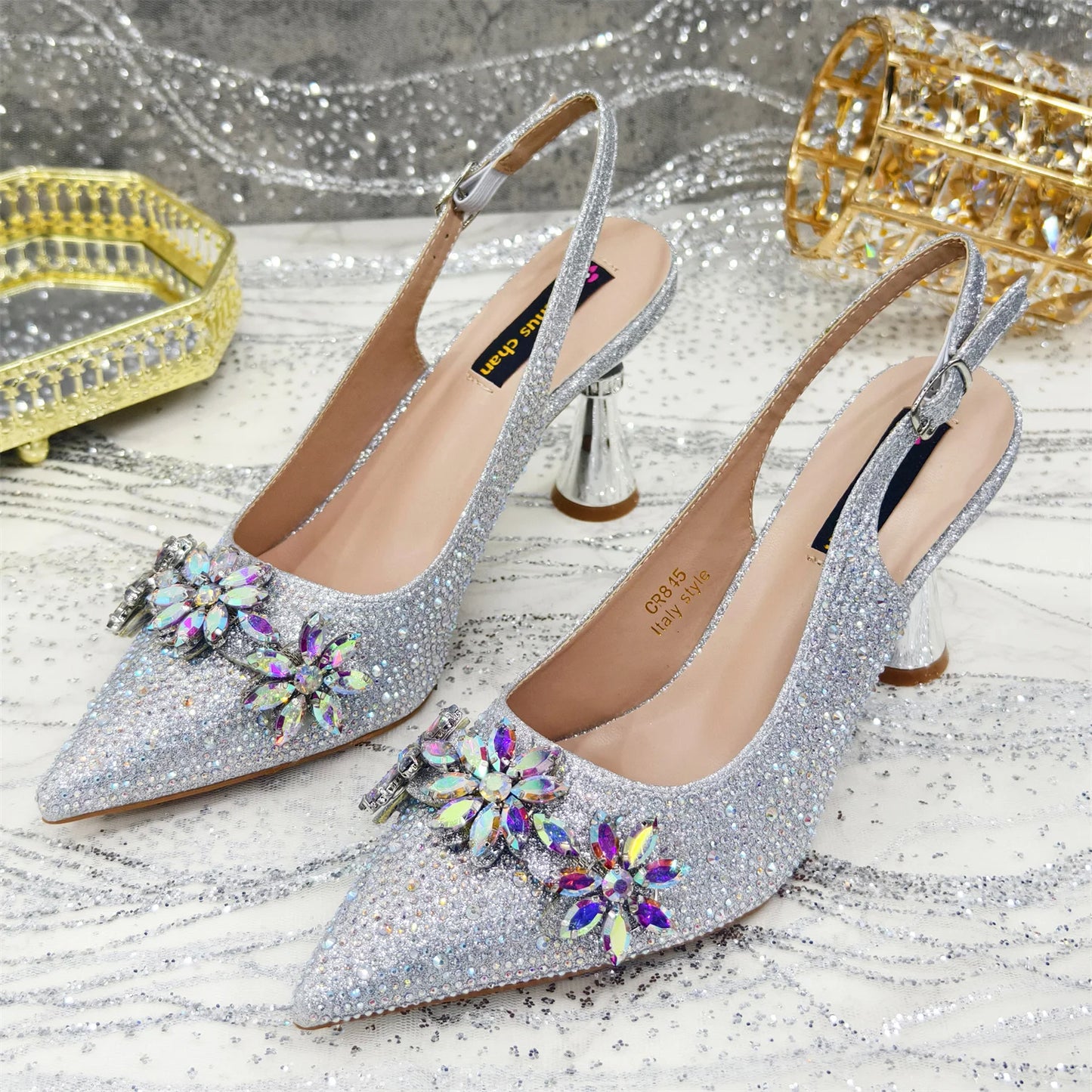 Olive-Green Pointed-Toe Women's High Heels Shoes and Bags for Party Rhinestone Evening Elegant Luxury Handbag