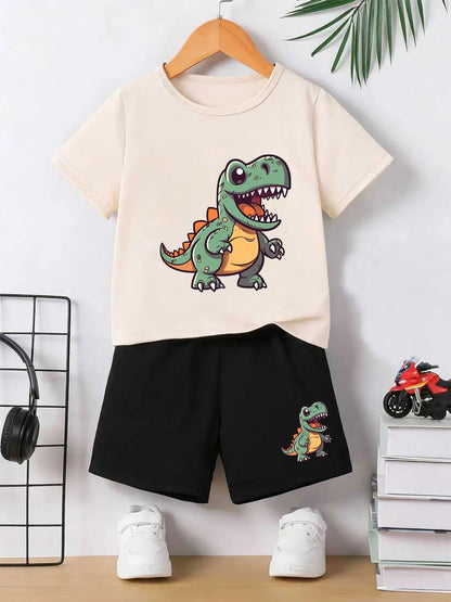 Boys' Durable Comfortable T-Rex Print Summer Set Cool Clothing Ensemble for Kids