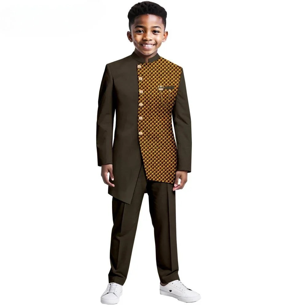 African Patterned Children's Elegant Suit Set 2 Pieces For Formal Occasion,Stylish Smart Boys Tuxedo Sets Wedding Outfit XS-XXL