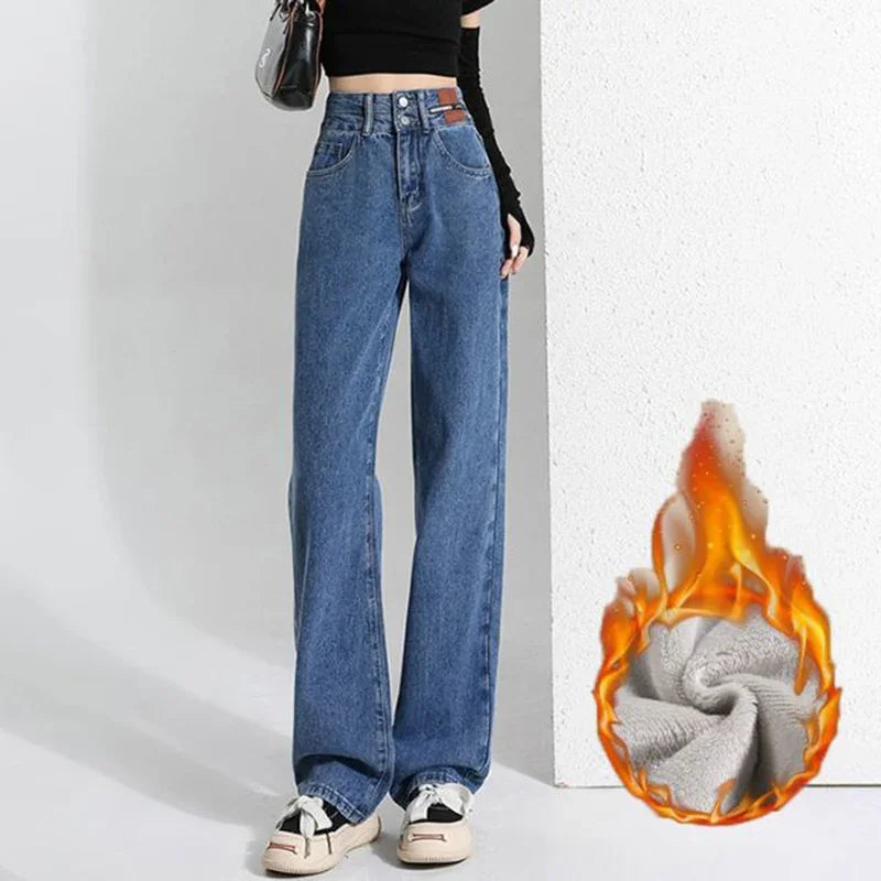 New Woman Korean Double Buckle Design Jeans Female Winter Snow Warm Thermal Plush Pants Girls Popular High Waist Denim Trousers