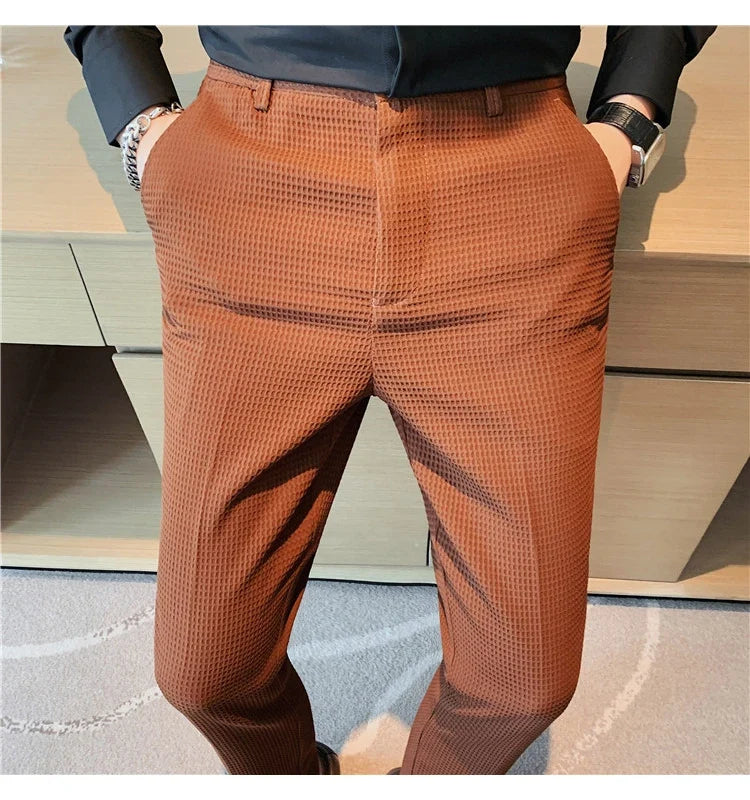 2024 Autumn New Waffle Stretch Waist Business Formal Pants Men Fashion Wedding Slim Trouser Mens Brand Social Party Suit Pants