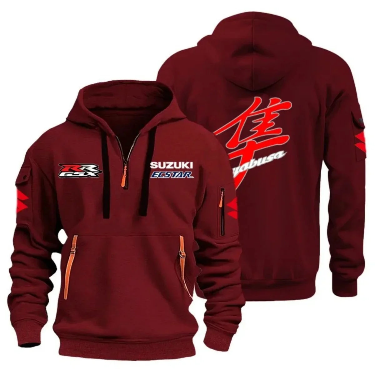 Men's Casual Street Outdoor Sports Motorcycle Hoodie Multi-Pocket Semi-Zipper Graphic Sweatshirt