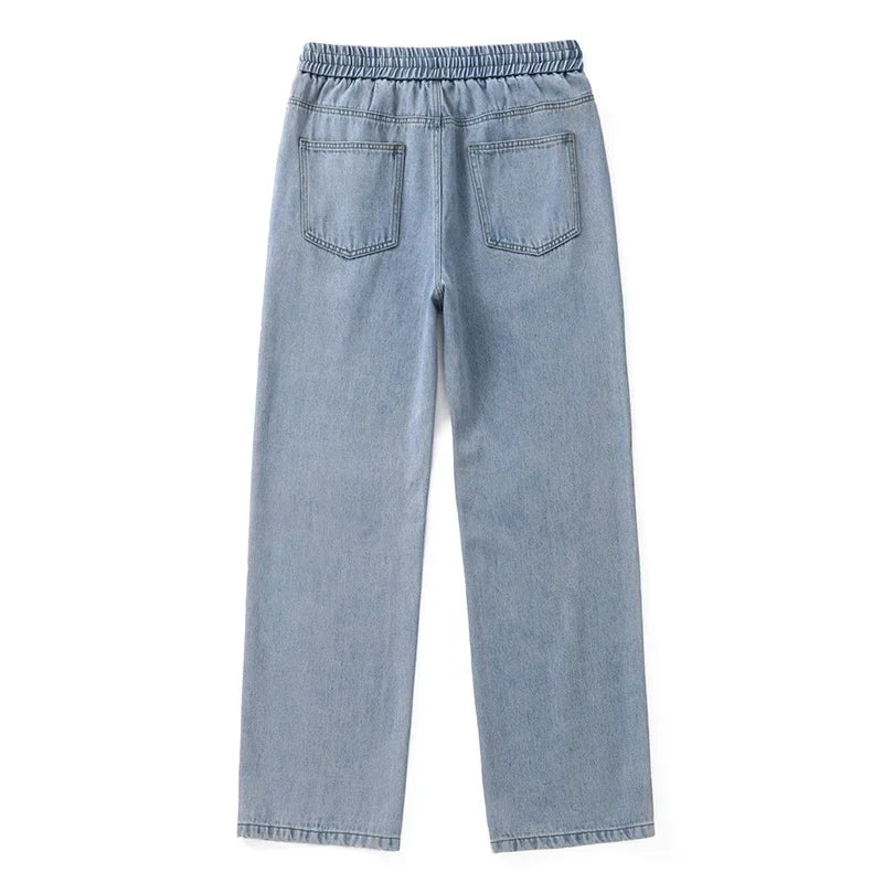 Men Dark Blue Blue Stretch Elastic Waist Denim Pants Streetwear Loose Full Length Trousers Straight Wide Leg Drawstring Jeans