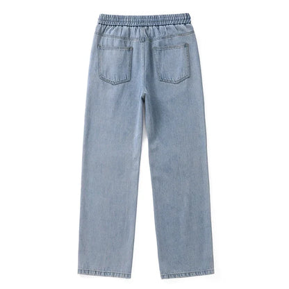 Men Dark Blue Blue Stretch Elastic Waist Denim Pants Streetwear Loose Full Length Trousers Straight Wide Leg Drawstring Jeans