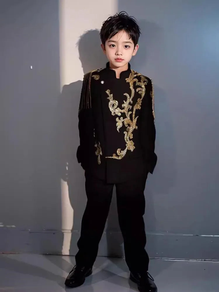 2PCS New Children's Suit Host Performance Costume Kids Wedding Birthday Formal Party Evening Gown Boys Catwalk Blazer Sets A3378