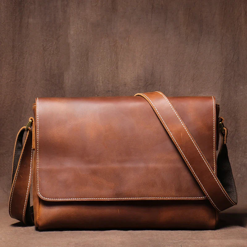 Men's High Quality Genuine Leather Shoulder Bag Vintage Flap Crazy Horse Cowhide Messenger Bag Daily Casual Crossbody Bags