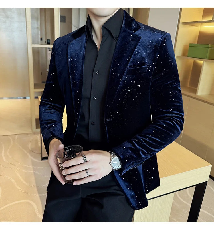 High Quality Velvet Bronzing Suit Coats Mens Sparkle Elegant Slim Business Suits Jacket Homme Formal Social Prom Party Tuxedos