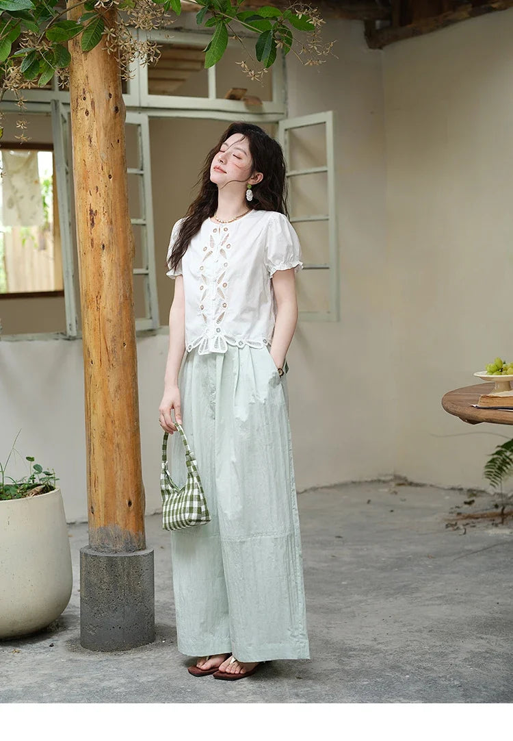100%Cotton Hollow Embroidery Round Neck Shirt for Women 2025 Summer Puff Sleeve Casual Top Women's Clothing MXE39X1938