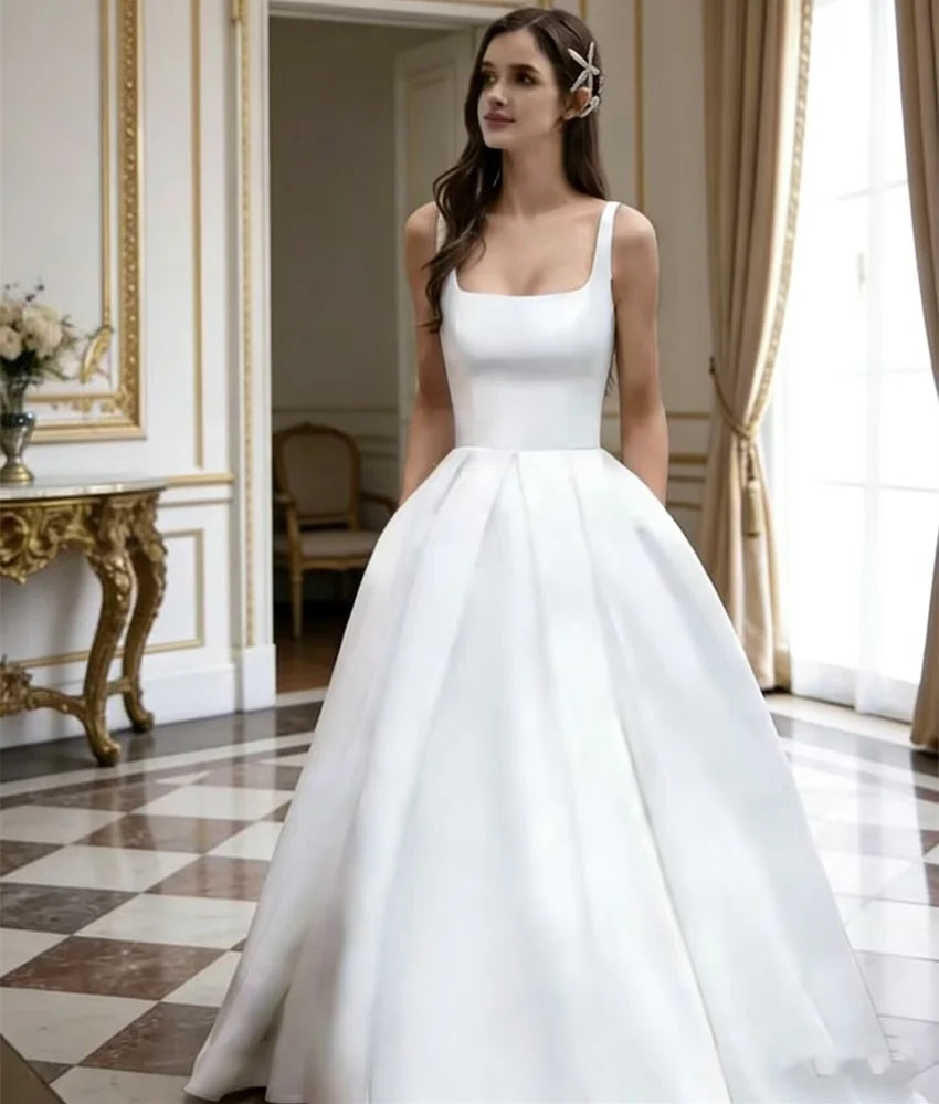 Customized Elegant Simple Satin Wedding Dresses A Line Spaghetti strap Bride Dress Backless vestidos de novia Bridal Gowns