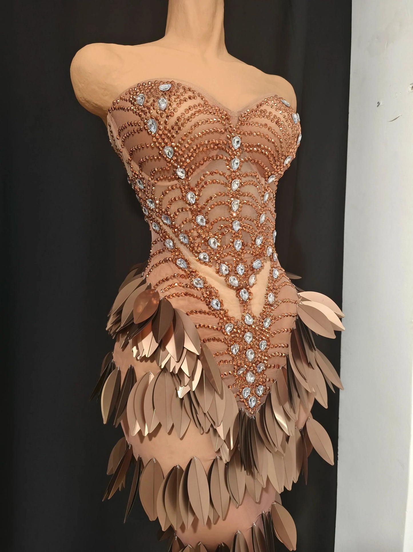 Sexy Sparkly Diamonds Leaf Strapless Mesh See Through Long Dress Birthday Evening Celebrate Party Nightclub Bar Show Stage Wear