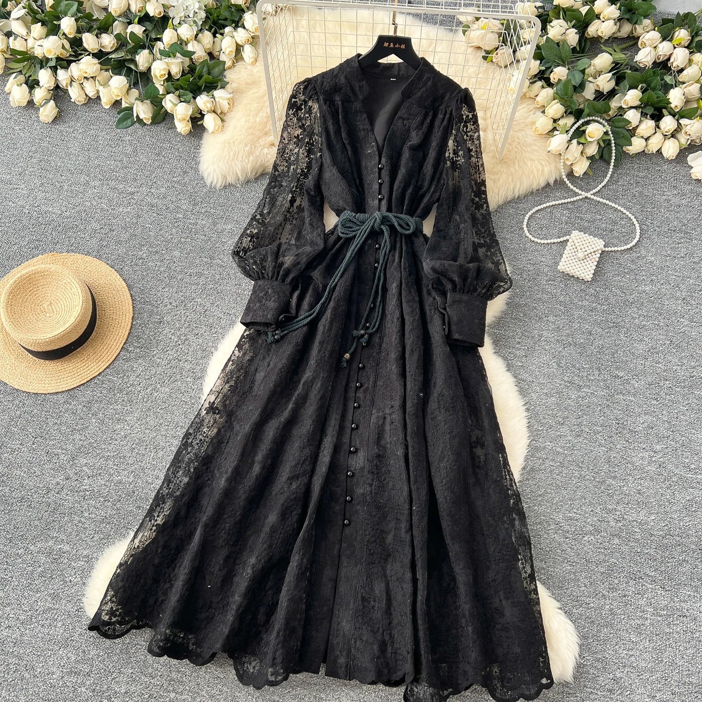 High-End Women's Dress Heavy Embroidery A-Line Long Skirt V-Neck Lantern Sleeve Single Button High Waist Korean Style Commute