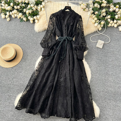 High-End Women's Dress Heavy Embroidery A-Line Long Skirt V-Neck Lantern Sleeve Single Button High Waist Korean Style Commute
