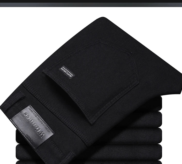 2025 New Winter Pure Black Fleece Thick Warm Jeans Men's loose Straight Elastic Denim Pants classics Casual Plush Trousers