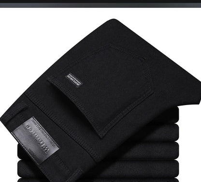 2025 New Winter Pure Black Fleece Thick Warm Jeans Men's loose Straight Elastic Denim Pants classics Casual Plush Trousers