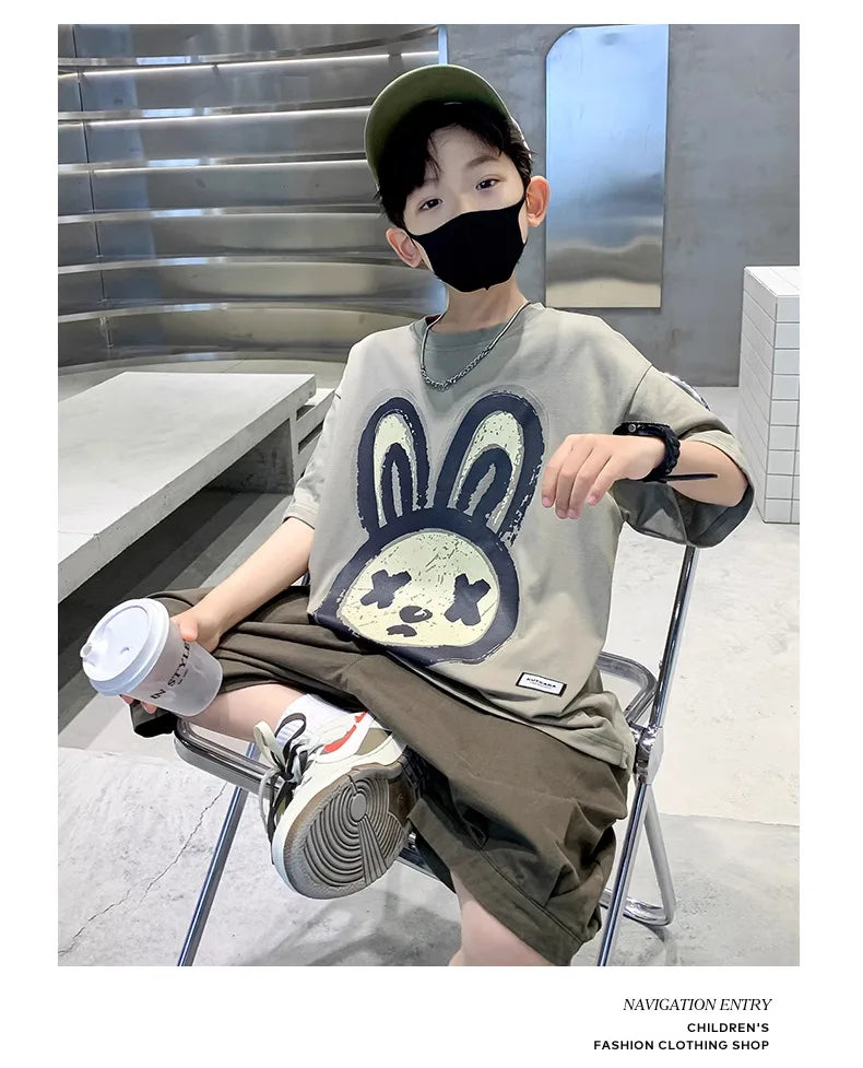 Summer Boys Cotton Leisure Cartoon Print T-Shirt Top+Shorts Pant Set School Kids 2PCS Tracksuit Children Vacation Outfit 5-16Yr