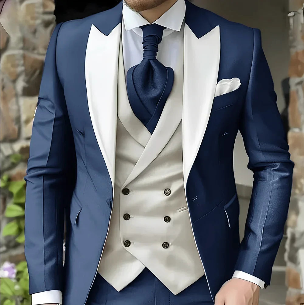 Men's Elegant Peak Lapel Tuxedo 3-Piece Suit with Blazer Vest Formal Men's Suit for Business Prom Business Dinner