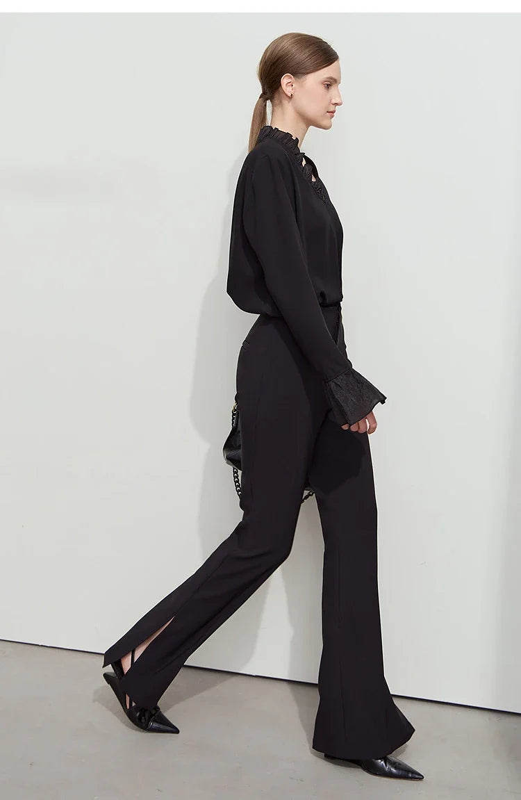 Minimalist Chiffon Shirt For Women 2025 Autumn New Office Lady V-neck Ruffle Splicing Loose Long Sleeved Blouse 12511078