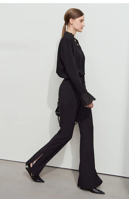 Minimalist Chiffon Shirt For Women 2025 Autumn New Office Lady V-neck Ruffle Splicing Loose Long Sleeved Blouse 12511078