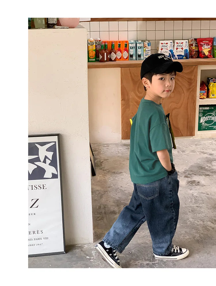 Summer Casual School Kids Cotton Plain Tee Tops Baby and Boys Short-Sleeved T-Shirt Children Outfit Clothing 1-16 Years