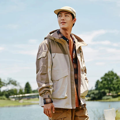 Three-proof Jacket Men Autumn Outdoor Color Block Hooded Windbreaker Large Pocket Workwear Trendy Coat
