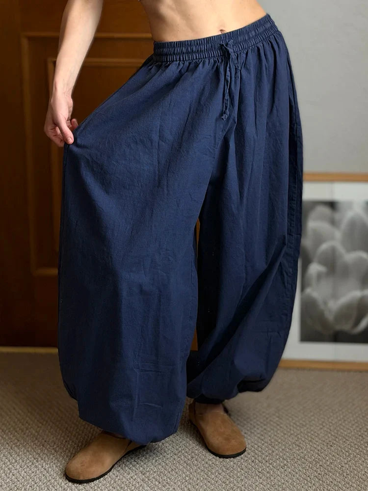 Summer Cotton Oversized Pants For Women Blue Baggy Aladdin Trousers Elastic Bloomers Navy Blue Cropped Lantern Harem Pants Woman