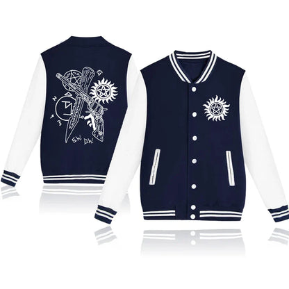 New Supernatural Print Baseball Jacket Women Men Casual Loose Jacket Autumn Winter Sweatshirt Long Sleeve Jersey Tops
