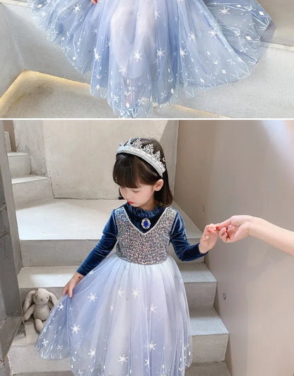 Girls' Spring 2026 New Velvet Elsa Frozen Princess Dress Kids Blue Cape 2 Piece Set Warm Dresses For Girl Party 3-9 Years Old ﻿