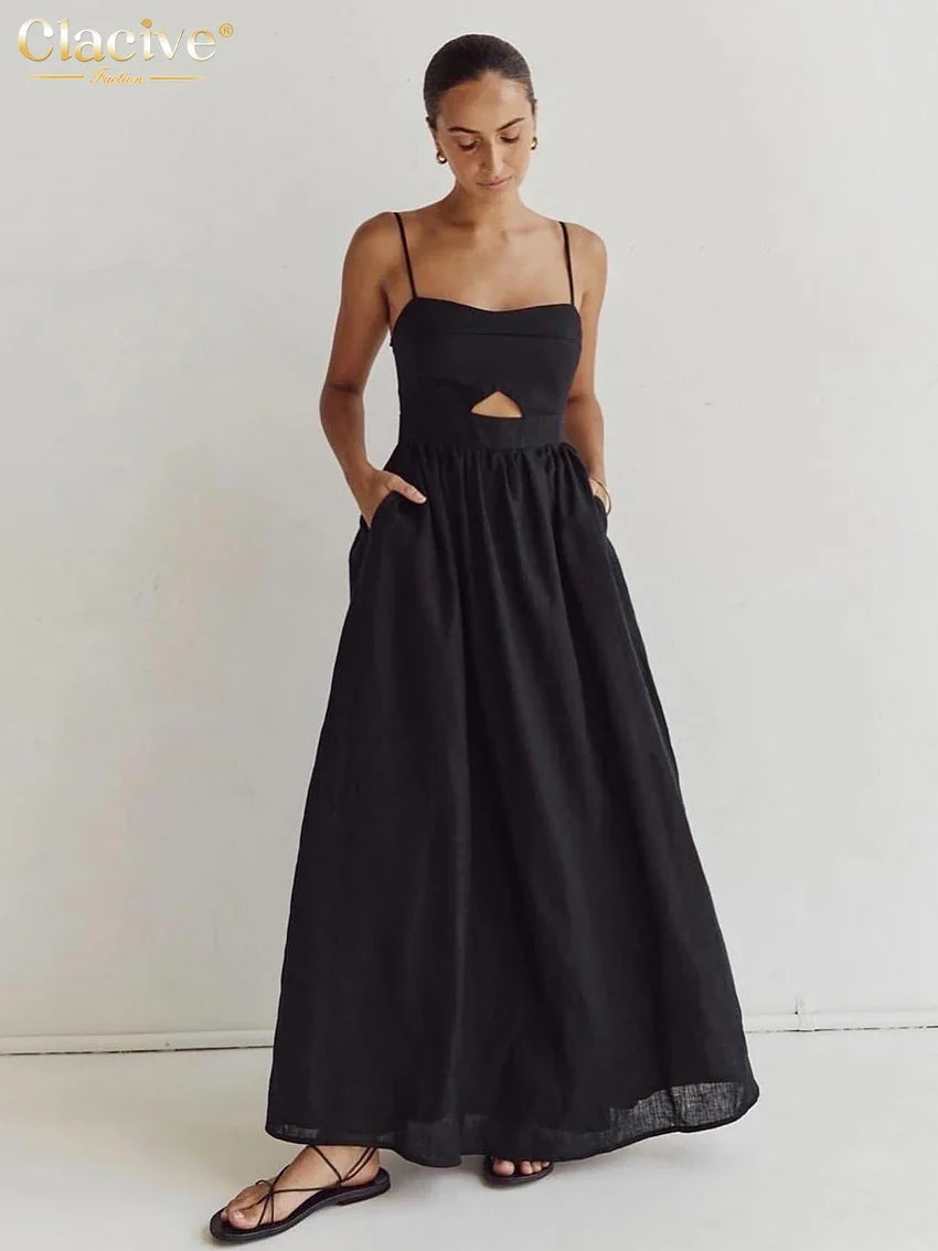 Sexy Loose Black Cotton Womens Dresses 2024 Summer Strap Sleeveless Ankle Length Dress Elegant Hollow Out Female Dress