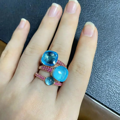 3Pcs/Set Nudo Ring Stacking Set for Women Mix Color Candy Crystal Inlay Zircon Amethyst Blue Topaz Round Jewelry Gift
