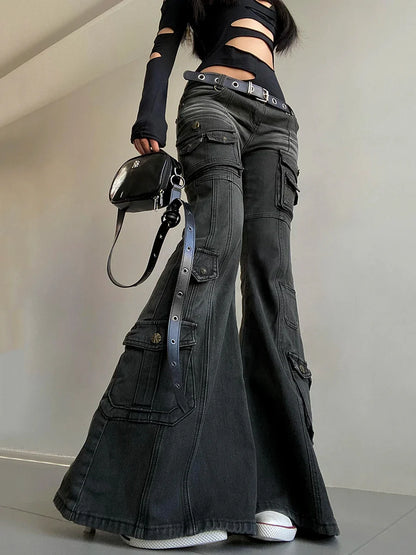 Acubi Fashion Black Flare Jeans Retro Whiskers Skinny Stretch Low Rise Pockets Cargo Pants Women Grunge Alt Streetwear
