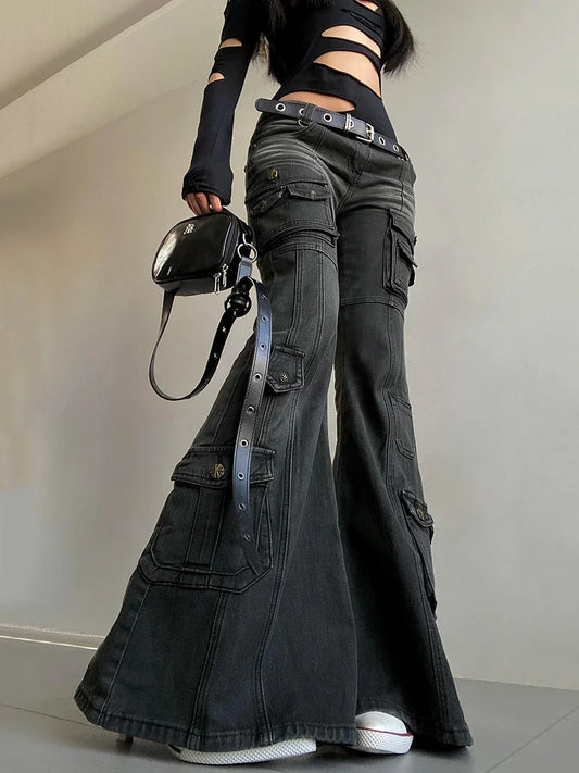 Acubi Fashion Black Flare Jeans Retro Whiskers Skinny Stretch Low Rise Pockets Cargo Pants Women Grunge Alt Streetwear