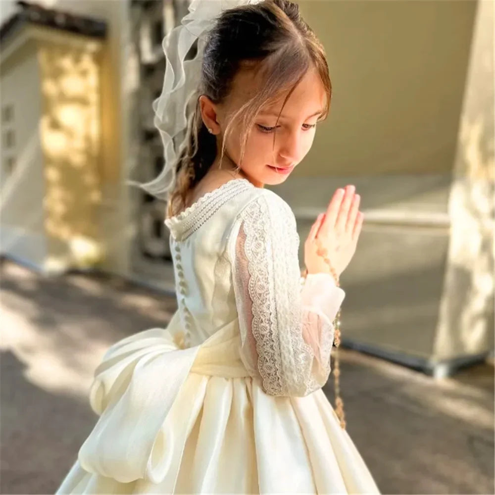 Elegant Long-sleeved Tulle Lace Printing Flower Girl Dress Princess Ball First Communion Dresses Kids Surprise Birthday Present