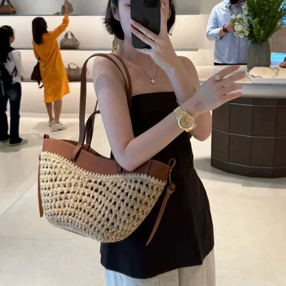 2026 Summer Hollow-out Raffia and Pu Leather Everyday Bag Lightweight Handcrafted Large Straw Tote Bag for Women Beach Bags