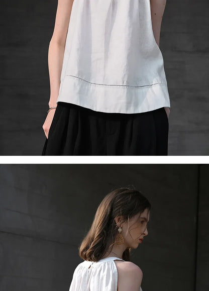 100% Linen Halter Tops Women 2026 Summer New Round Neck Sleeveless Tank Top French Office Ladies Loose Camisoles