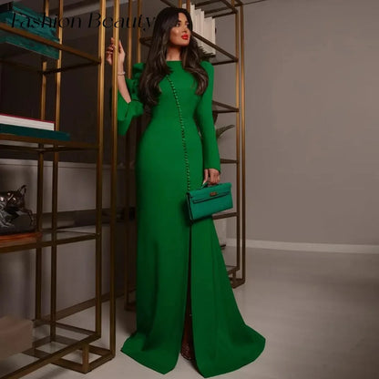 Fashion Beauty Elegant Mermaid Evening Dress Long Sleeves High Slit Button Party Gowns Formal Occassion Dress 2024 Saudi Arabia