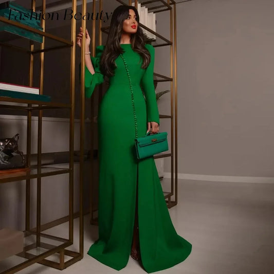 Fashion Beauty Elegant Mermaid Evening Dress Long Sleeves High Slit Button Party Gowns Formal Occassion Dress 2024 Saudi Arabia