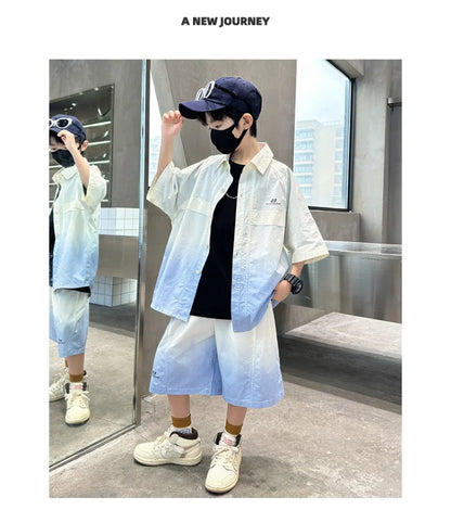 Fashion Kids Clothing Set Shirt Shorts Summer Suit for Teenage Boy Loose Casual Gradient Color Clothes Set Child Luxury Outfit