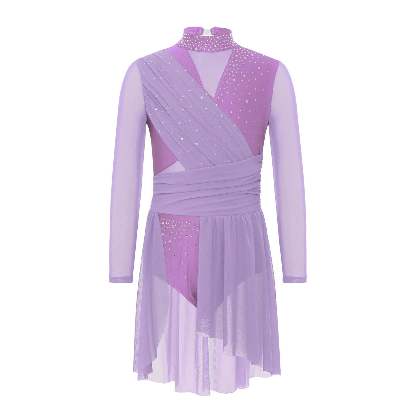 Kids Girls Gymnastics Figure Skating Ballet Lyrical Dance Costume Dress Side Split Sheer Mesh Ruched Glittery Rhinestones Dress