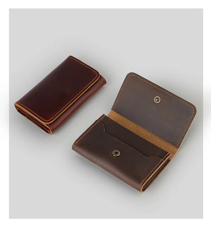 Crazy Horse Leather Card Holder Top-Grain Cowhide Snap - Button Genuine Leather Multi-function Wallet RFID Credit Card Case
