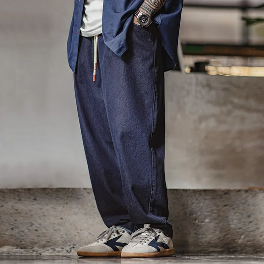 Casual 10oz Jogger Denim Jeans with Elastic Waist Drawstring Washed Straight Trousers for Men's Spring and Autumn Pants