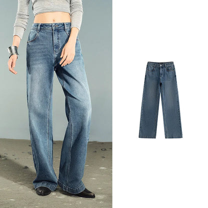 Women Denim Jeans 2025 Autumn New Lycra Stretch Washed Wide Leg Straight Long Pants