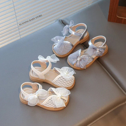 2025 Mesh Peep-toe Princess Shoes Girls Sandals with Tulle Butterfly-knot Summer Evening Wedding Party Bridesmaid Sandals I05292