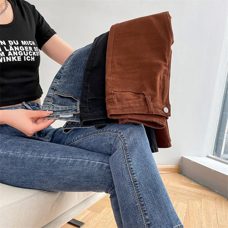 Women Fashion Flare Jeans Winter Streetwear Y2K Straight Pants Ankle Length Denim Jeans Girls Party Casual Retro Blue Trousers