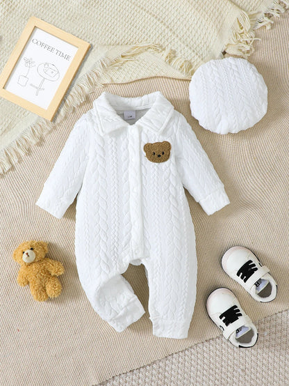 2pcs Baby Boy Long Sleeve Romper Suit with Cute Bear Pattern Includes Hat Casual Outfit for Autumn And Winter Wear