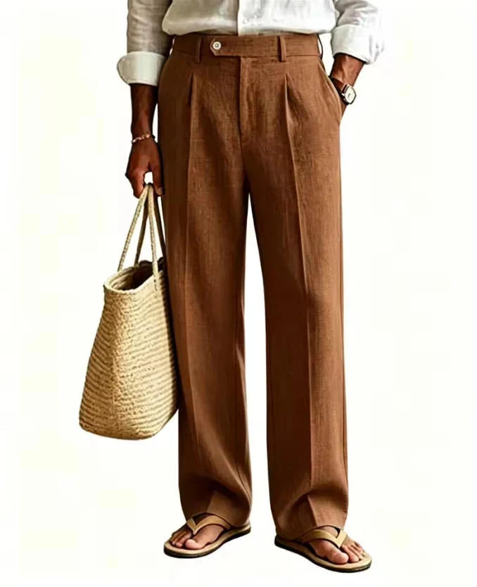 Men's Linen Summer Beach Trousers Casual Dress Pants Elastic Waist Pleated Loose Fit Lightweight Yoga Vacation Lounge Pants