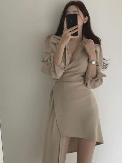 Early Autumn Shirt Dress Women's Mid-Length Asymmetrical Single-Button Notch Collar Slimming Style Commute Fashion