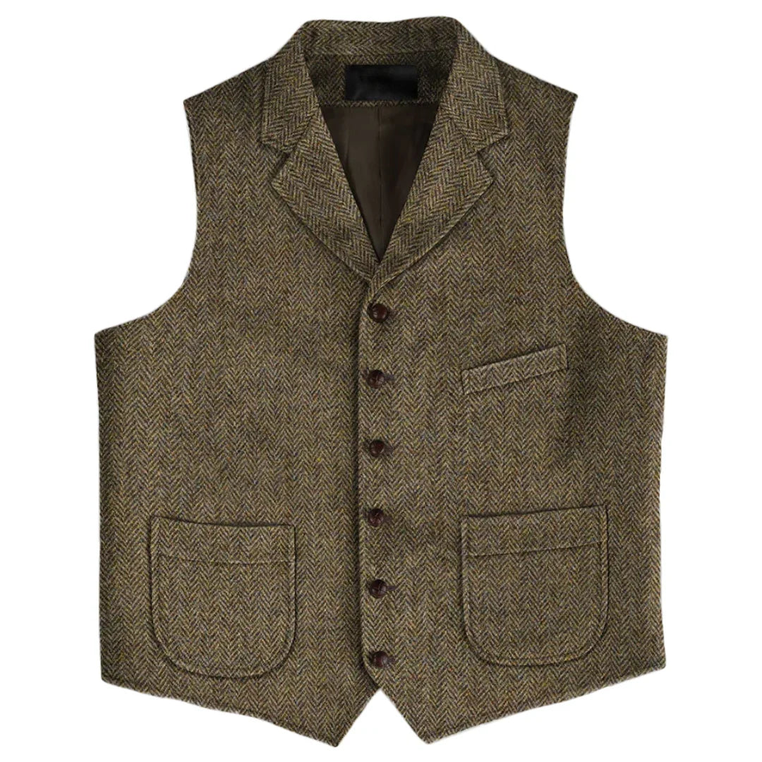 Men Vest Brown Herringbone Single Button With Lapel And Pocket Waistcoat For Wedding Business Work Daily Casual Men Suit Vest